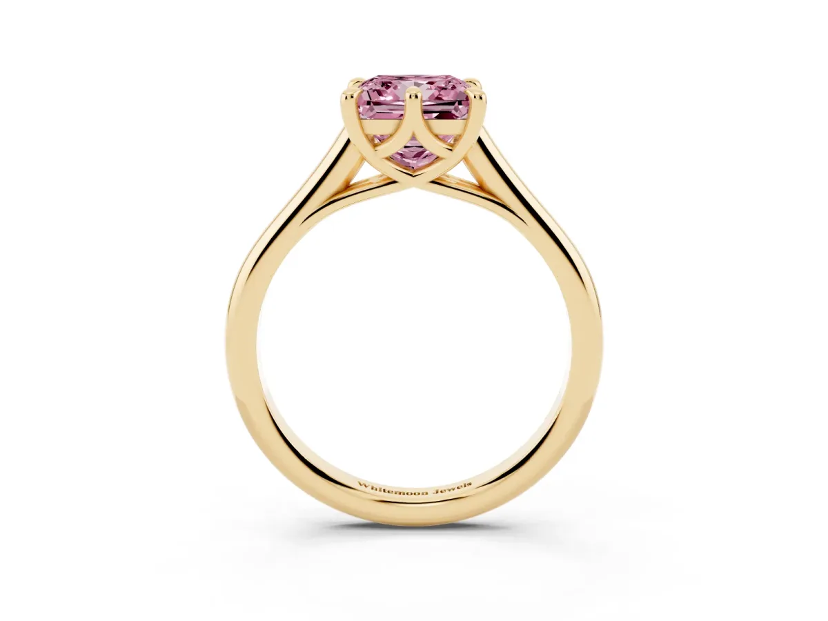 Fancy Pink Princess Cut Solitaire Engagement Ring with Six-Prong Setting and Classic Band Yellow gold