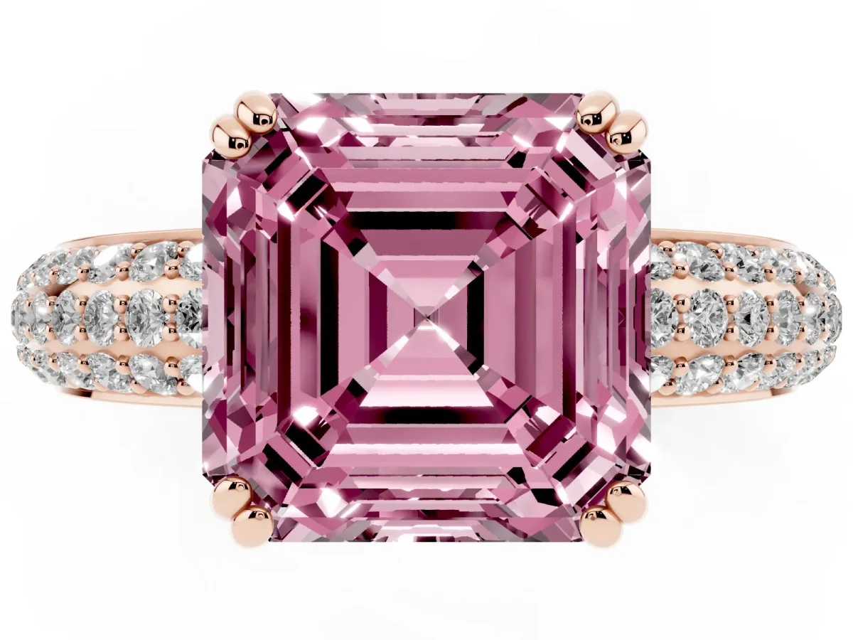 Fancy Pink Asscher Cut Diamond Solitaire Ring with Multi-Row Round Pavé Band and Prong Setting Rose gold
