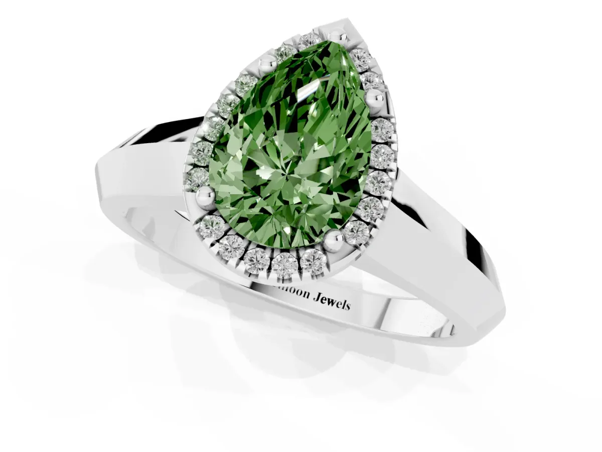 Fancy Green Pear Cut Halo Diamond Ring with Cathedral Band and Four-Prong Setting Silver