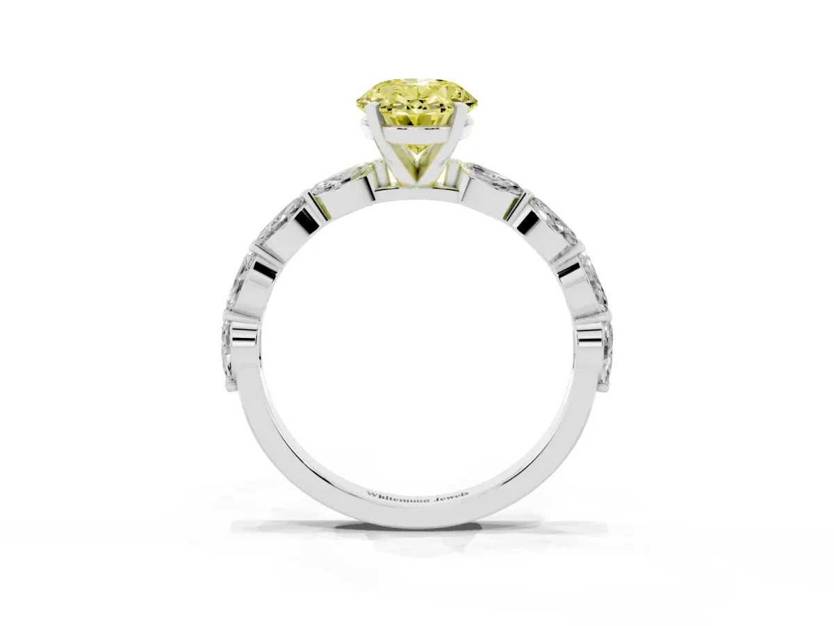 Fancy Yellow Oval Cut Diamond Ring with Marquise Side Stones and Prong Setting Platinum