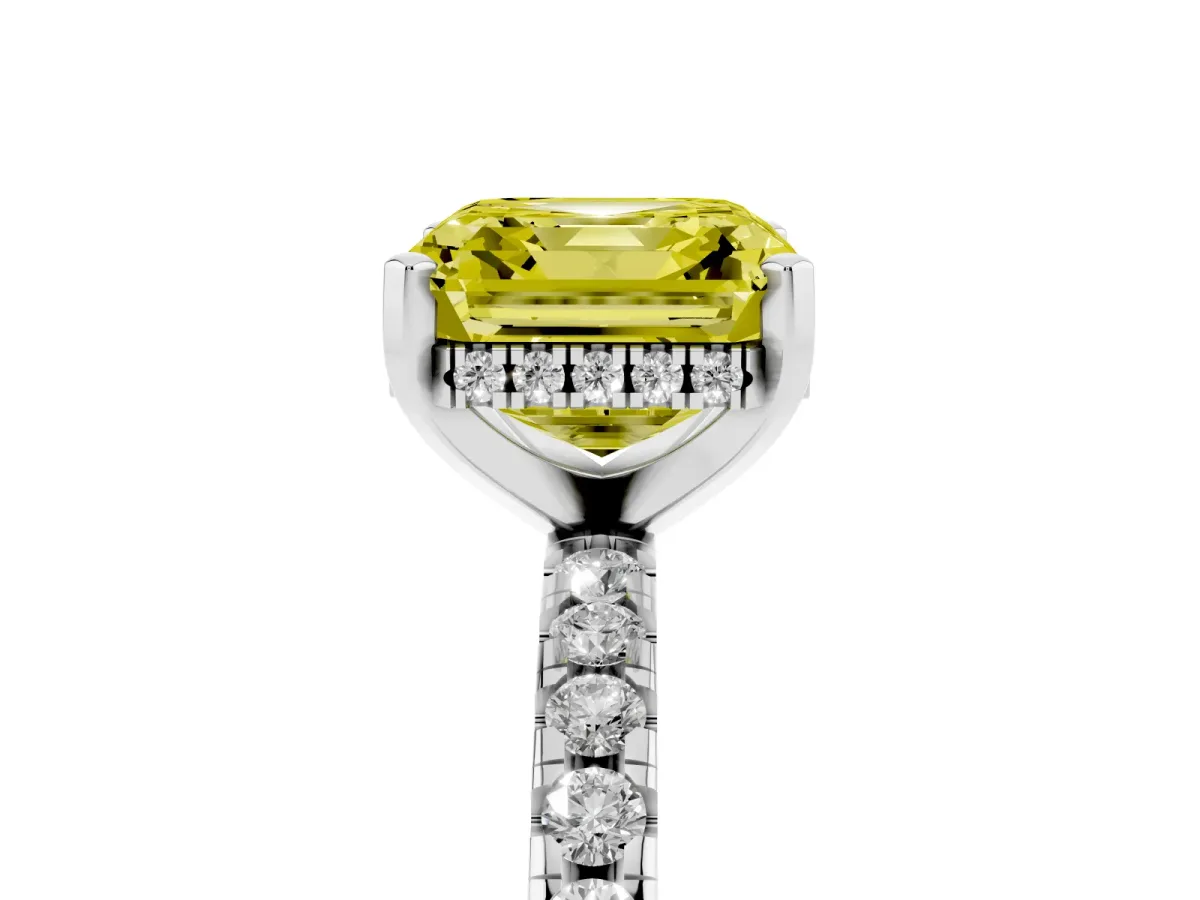 Fancy Yellow Asscher Cut Diamond Solitaire Ring with Round Pavé Band and Four-Prong Setting Silver