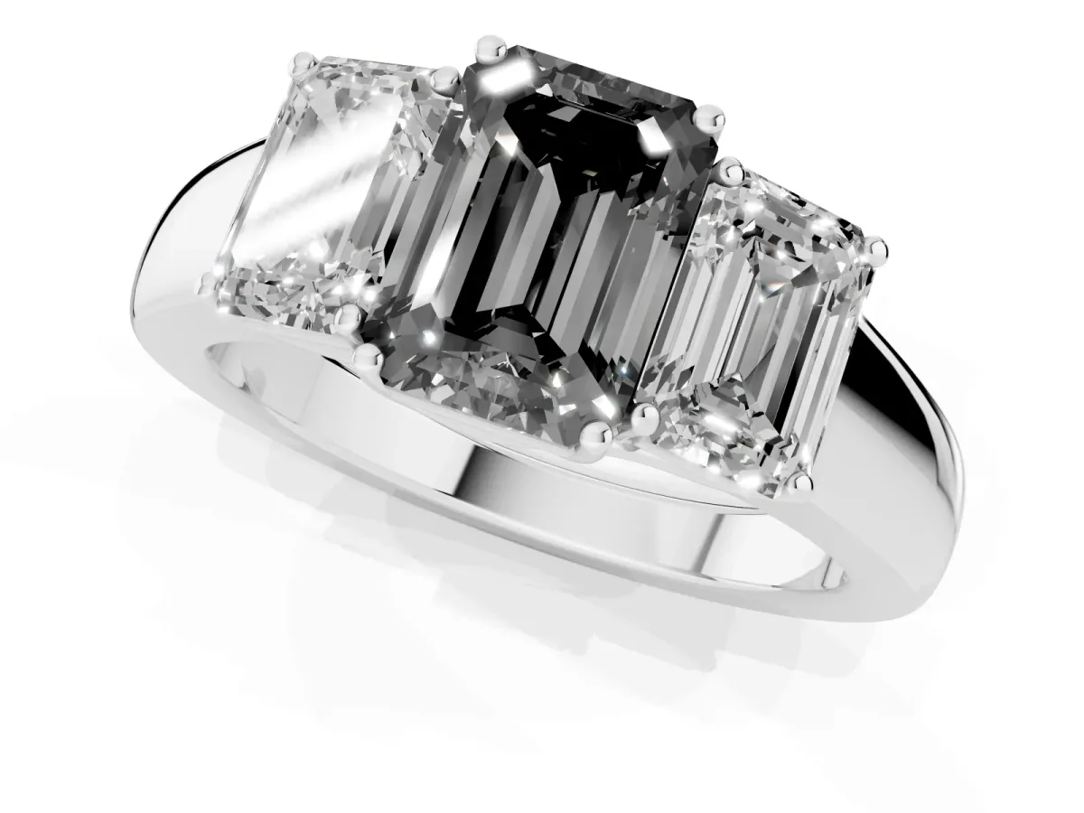 Fancy Black Three-Stone Emerald Cut Cut Diamond Ring with Prong Setting and Classic Band Silver