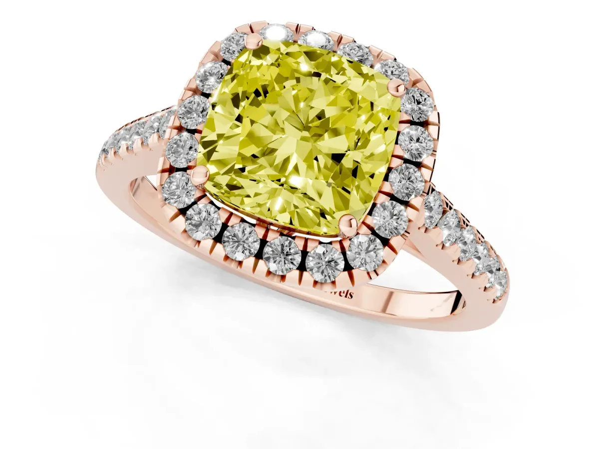 Fancy Yellow Cushion Cut Halo Pavé Diamond Engagement Ring with Four-Prong Setting Rose gold