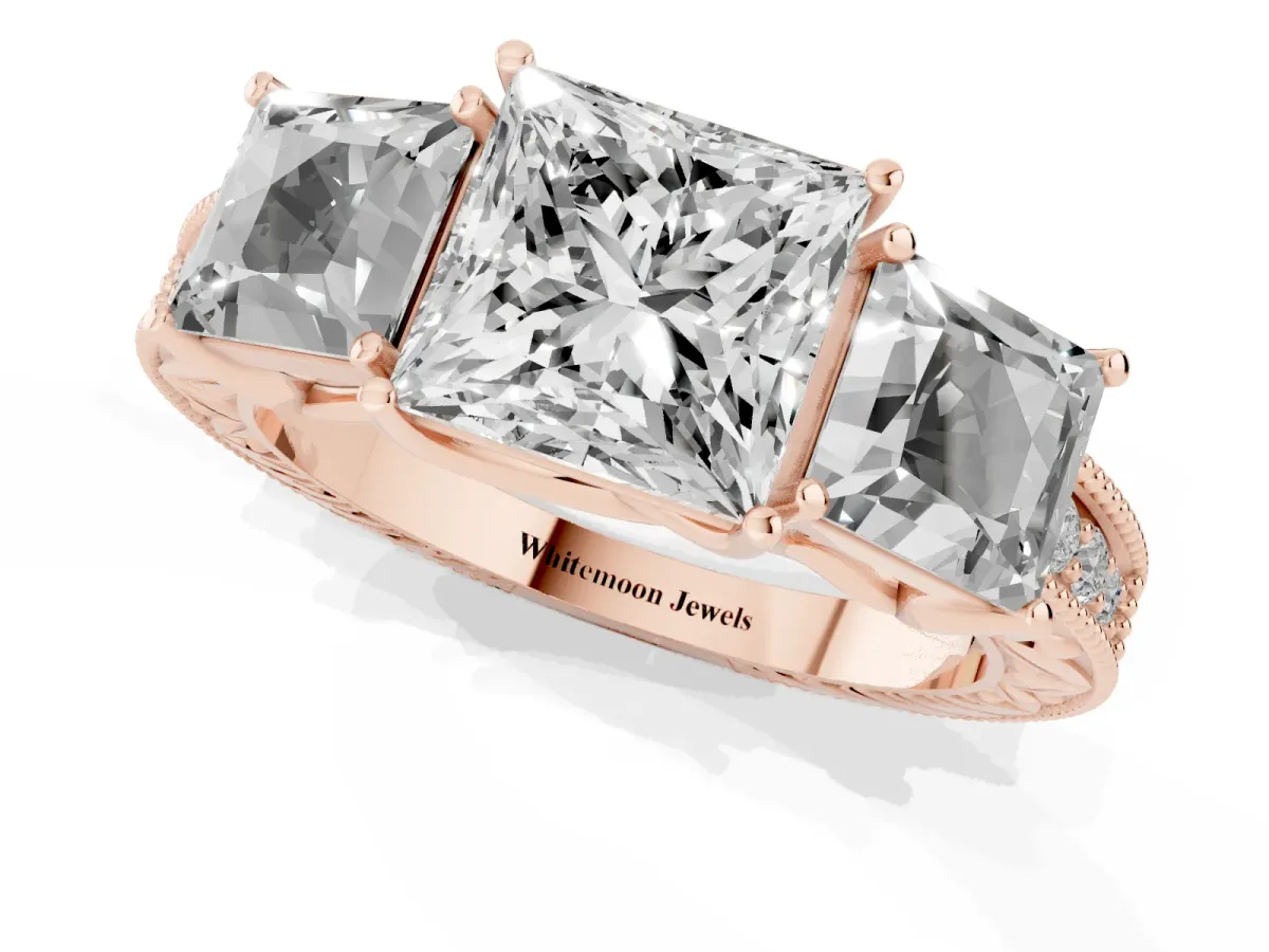Three-Stone Princess Cut Cut Milgrain Pavé Engagement Ring Rose gold