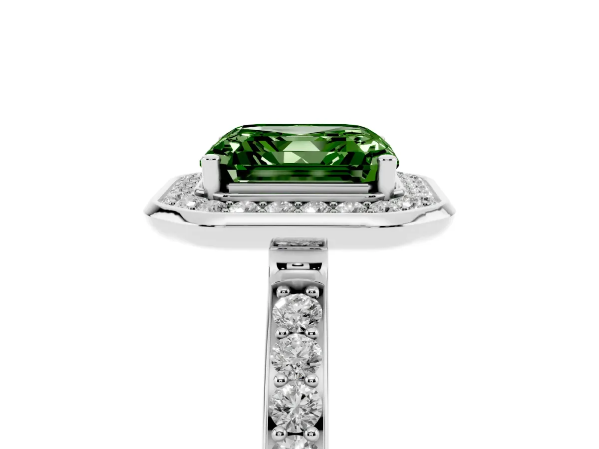 Fancy Green Asscher Cut Diamond Halo Ring with Bezel Frame and Pavé Band Silver