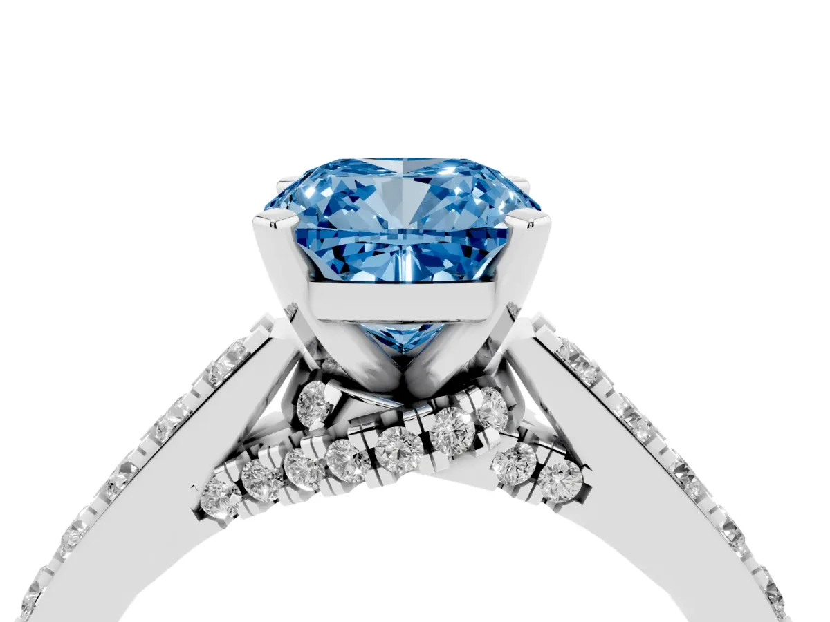 Fancy Blue Cushion Cut Diamond Solitaire Ring with Crossover Gallery and Round Pavé Band Silver
