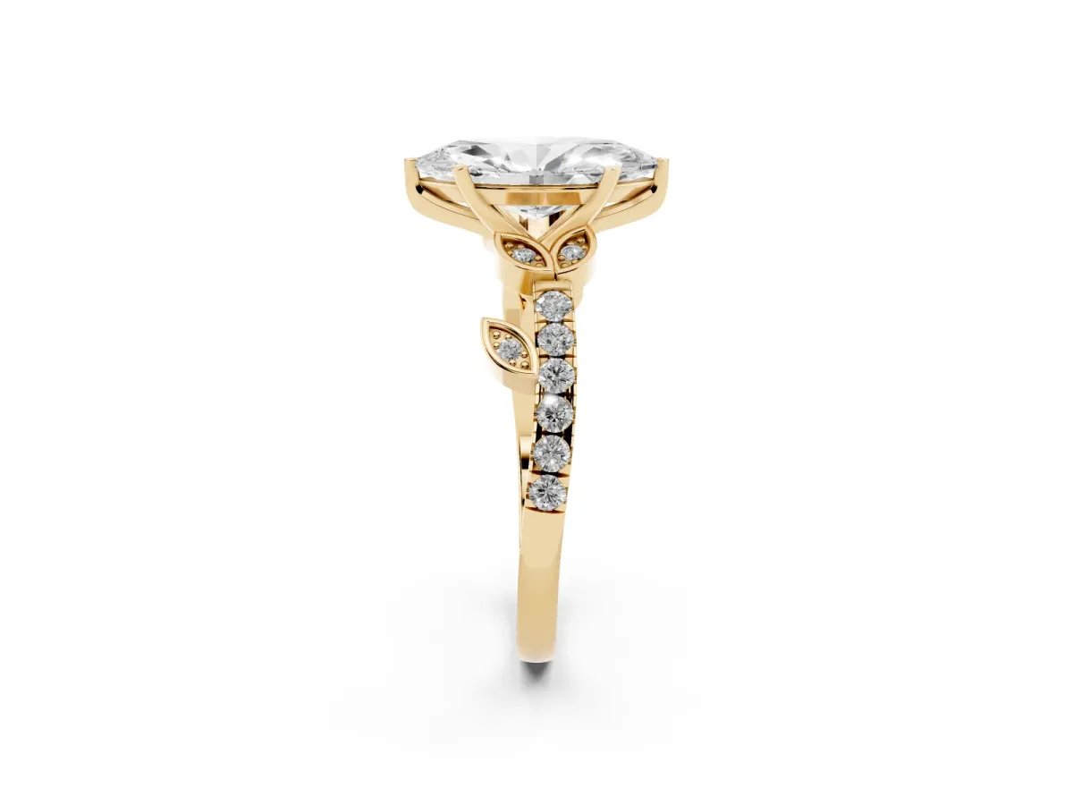 Marquise Cut Solitaire Leaf-Inspired Diamond Ring with Pavé Band and Four-Prong Setting Yellow gold