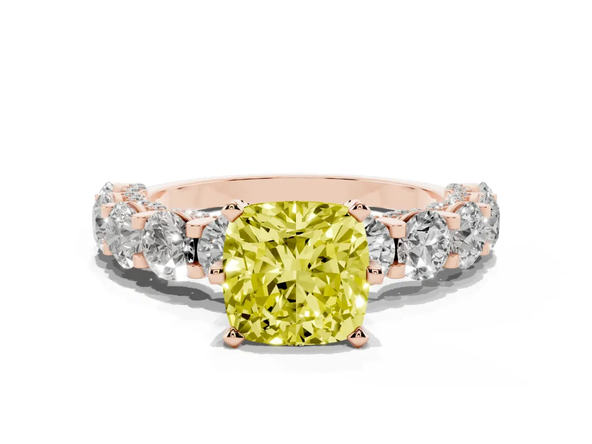 Fancy Yellow Cushion Cut Diamond Side Stone Engagement Ring with Four-Prong Setting Rose gold