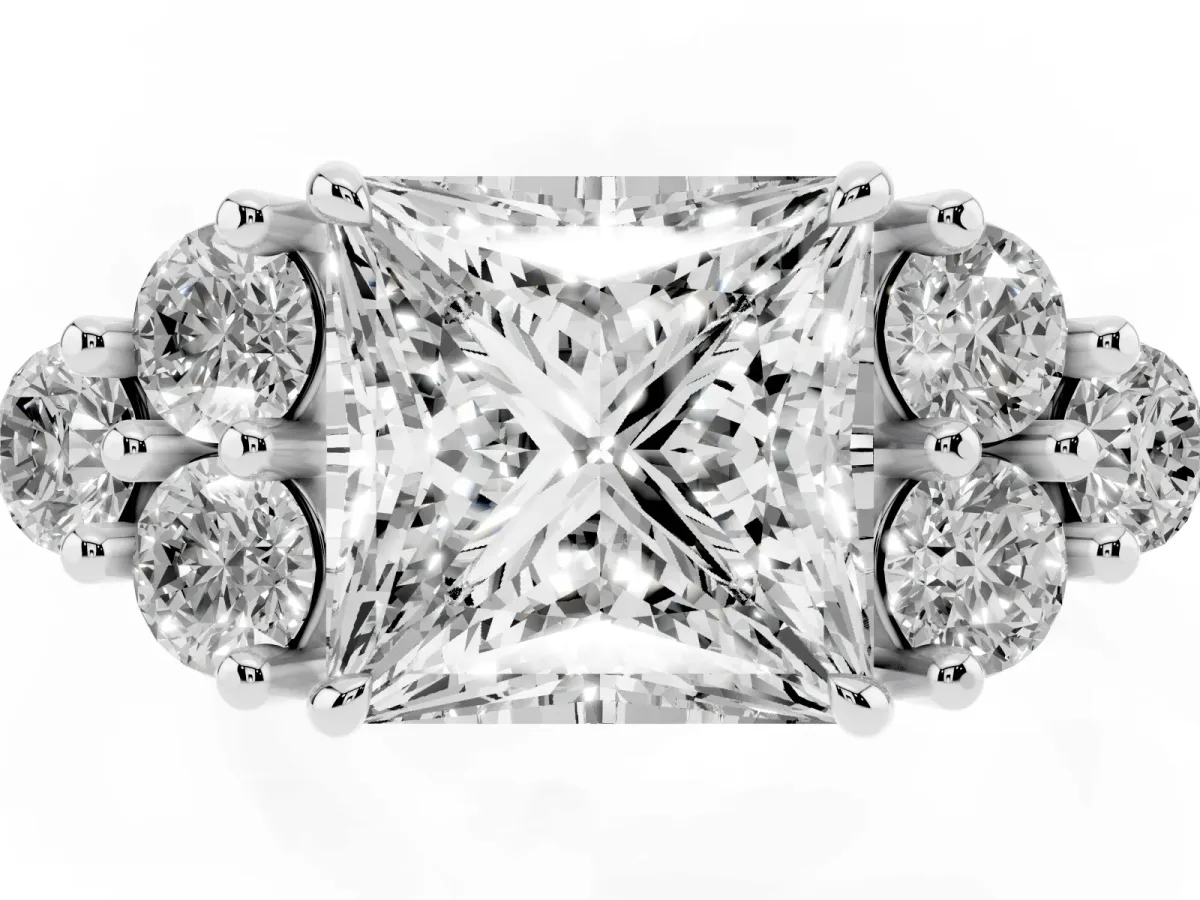 Princess Cut Brilliant Diamond Cluster Accent Solitaire Ring with Prong Setting Silver