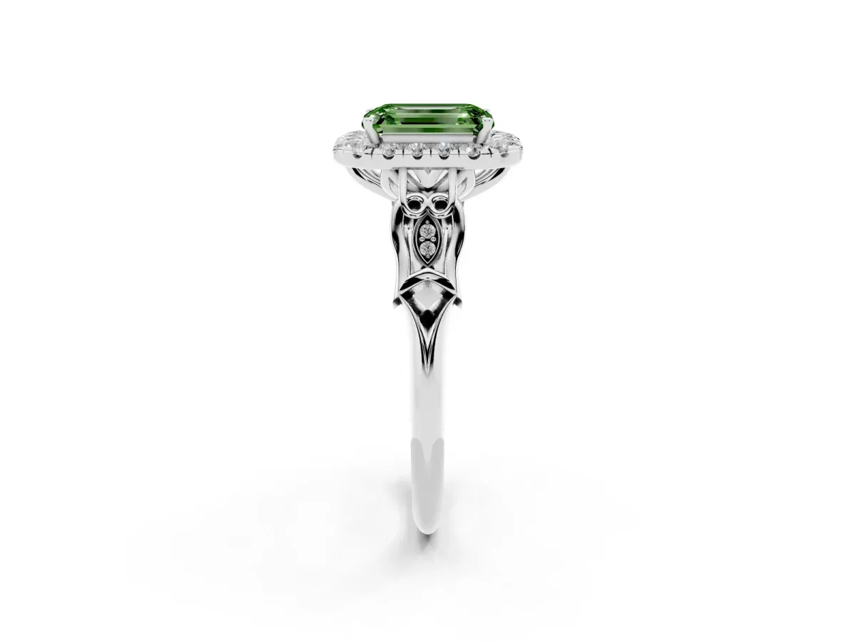 Fancy Green Emerald Cut Halo Diamond Engagement Ring with Filigree Band and Four-Prong Setting Platinum
