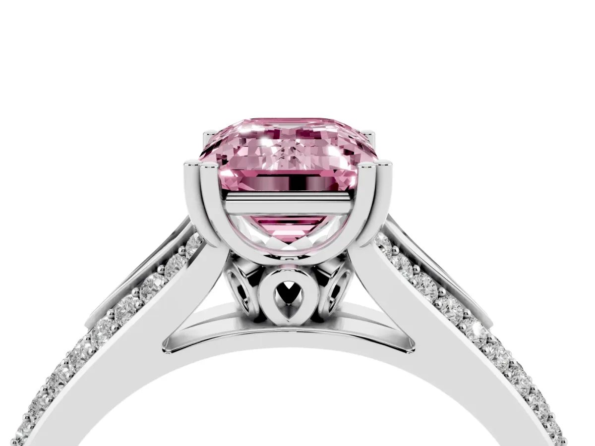 Fancy Pink Emerald Cut Diamond Split Shank Engagement Ring with Pavé Band Platinum