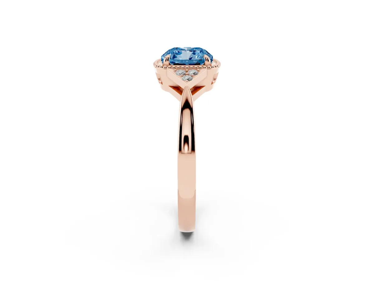 Fancy Blue Hexagonal Halo Cushion Cut Diamond Solitaire with Pavé Band and Four-Prong Setting Rose gold