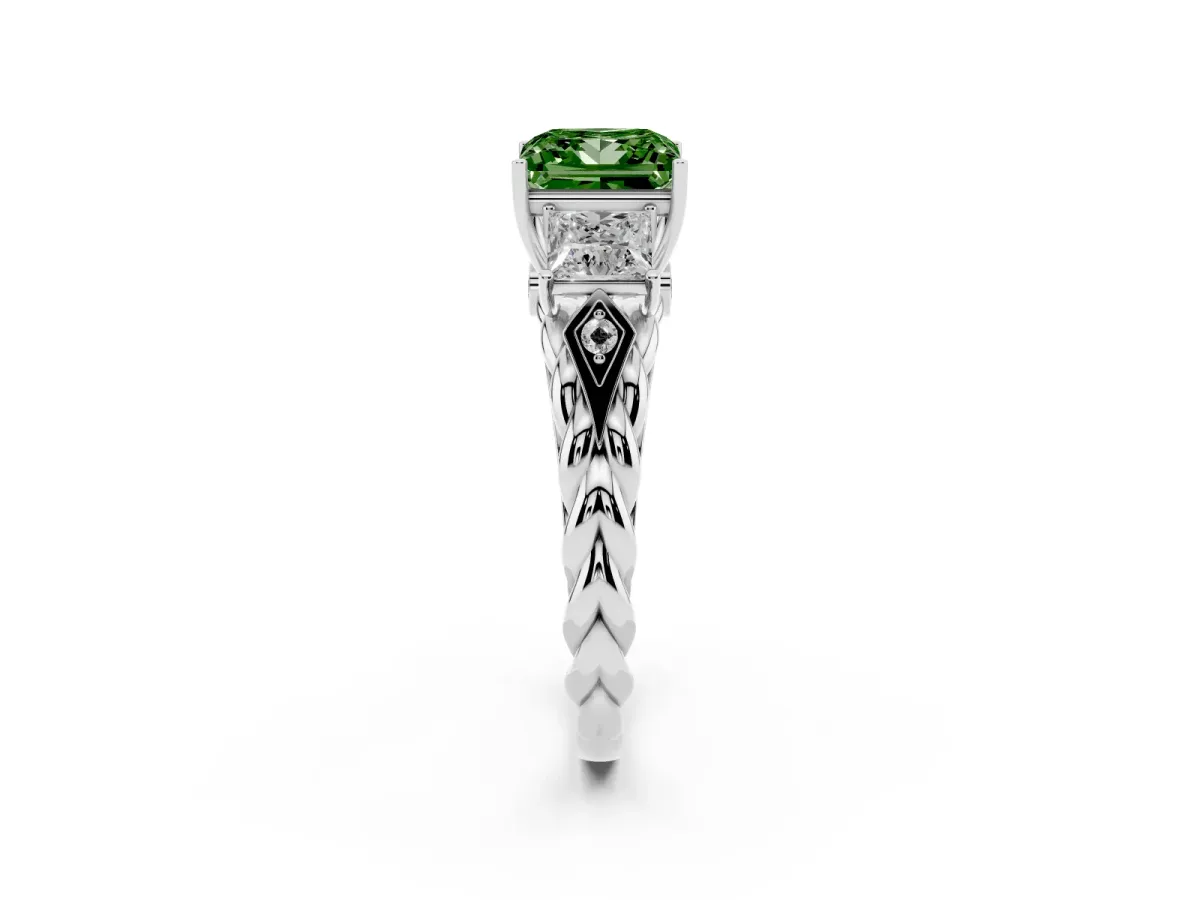 Fancy Green Three-Stone Princess Cut Diamond Braided Band Ring with Four-Prong Setting Silver