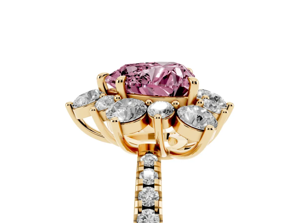 Fancy Pink Heart Cut Diamond Floral Halo Ring with Round Pavé Band and Prong Setting Yellow gold