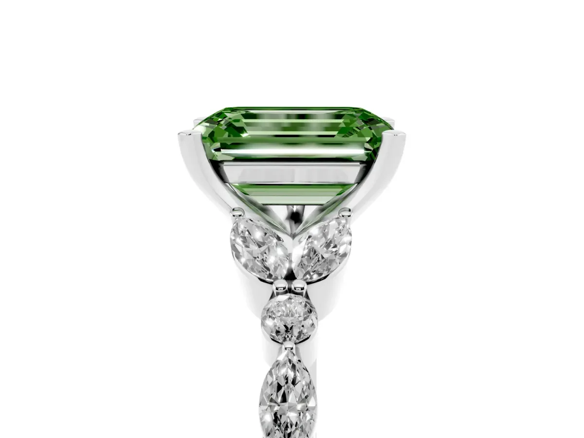 Fancy Green Emerald Cut Diamond Solitaire Ring with Side Stones and Four-Prong Setting Platinum