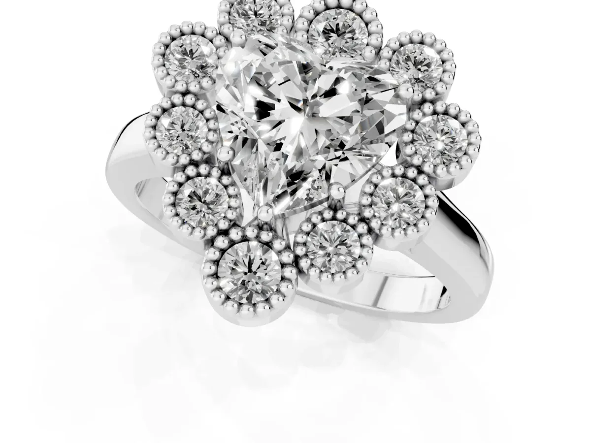 Heart Cut Halo Diamond Cluster Engagement Ring with Milgrain Bezel Setting and Solitaire Band White gold