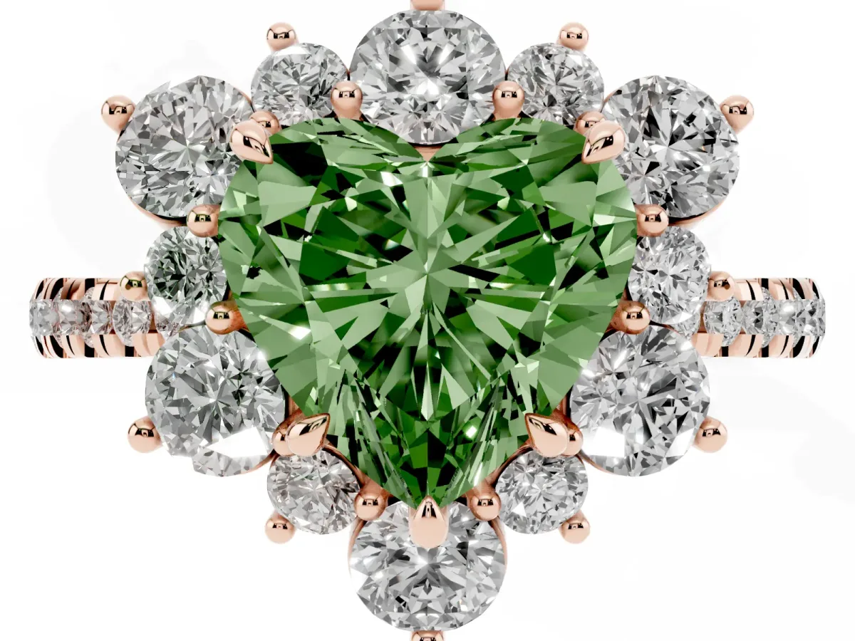 Fancy Green Heart Cut Diamond Floral Halo Ring with Round Pavé Band and Prong Setting Rose gold
