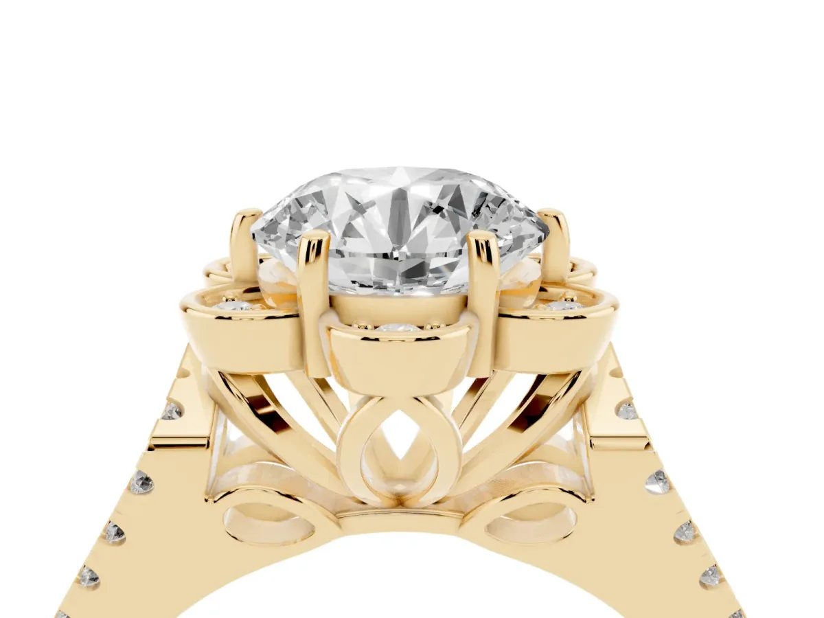 Round Cut Halo Diamond Floral Split Shank Engagement Ring Yellow gold