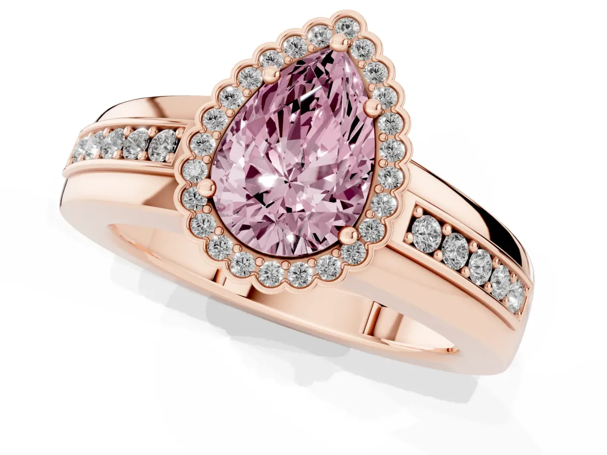 Fancy Pink Pear Cut Cut Halo Pave Band Four-Prong Ring Rose gold
