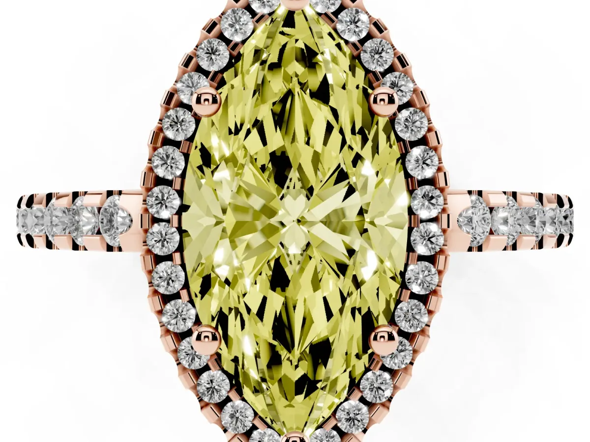 Fancy Yellow Marquise Cut Diamond Halo Engagement Ring with Pavé Band and Prong Setting Rose gold