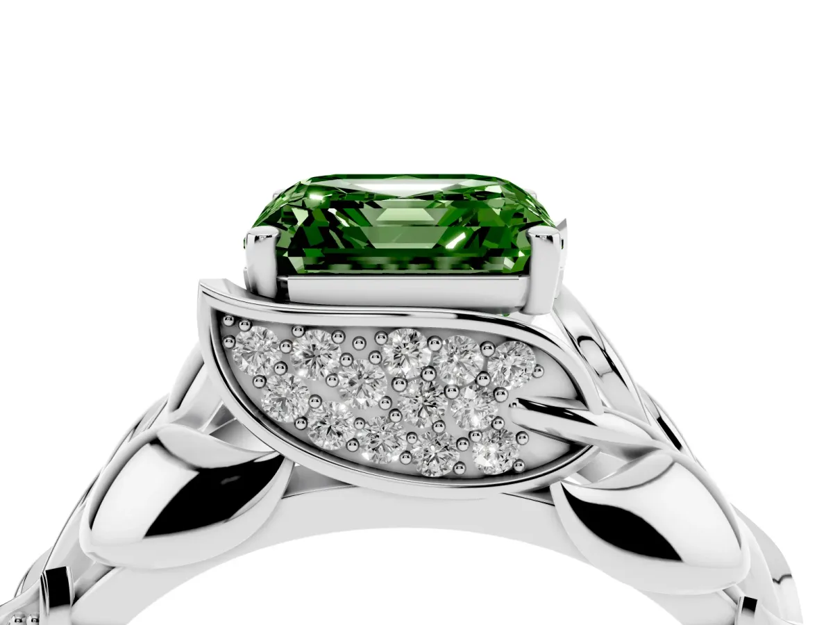 Fancy Green Asscher Cut Diamond Leaf-Inspired Engagement Ring with Round Accents and Prong Setting Silver