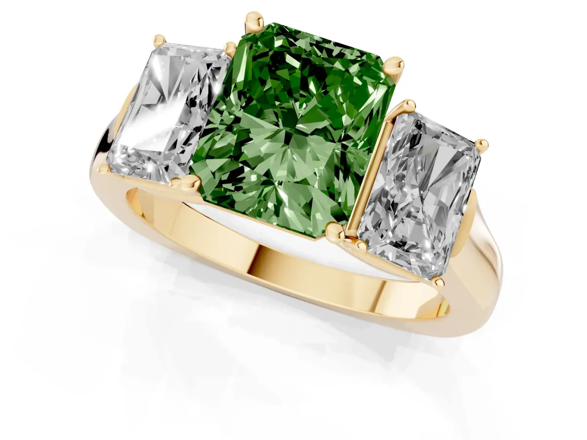 Fancy Green Three-Stone Radiant Cut Brilliant Diamond Trellis Ring with Comfort Fit Band Yellow gold