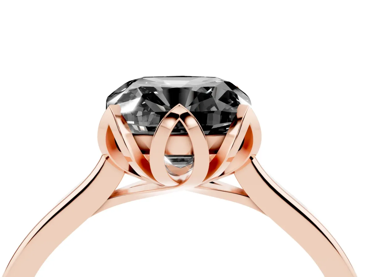 Fancy Black Cushion Cut Diamond Solitaire Ring with Flower Prong Setting and Classic Band Rose gold