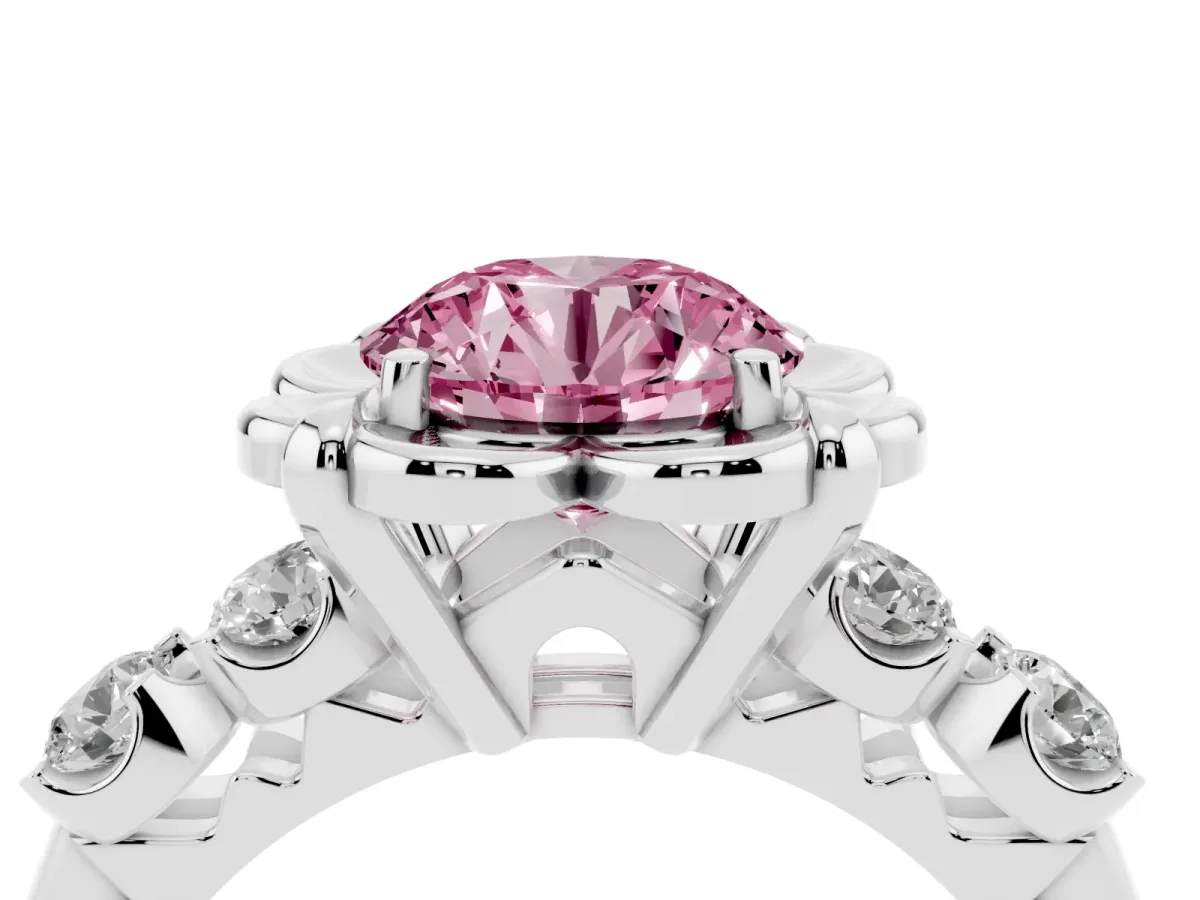 Fancy Pink Round Cut Cut Diamond Floral Halo Engagement Ring with Shared Prong Setting Silver