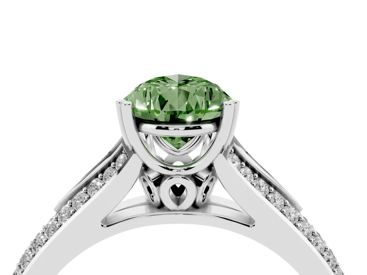 Fancy Green Pear Cut Diamond Split Shank Engagement Ring with Pavé Band Silver