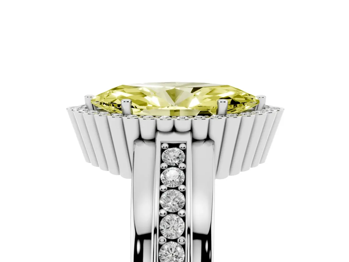 Fancy Yellow Marquise Cut Cut Halo Pave Band Four-Prong Ring White gold