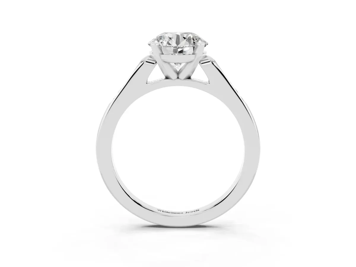Round Cut Diamond Solitaire Ring with Channel Set Round Band and Prong Setting Silver