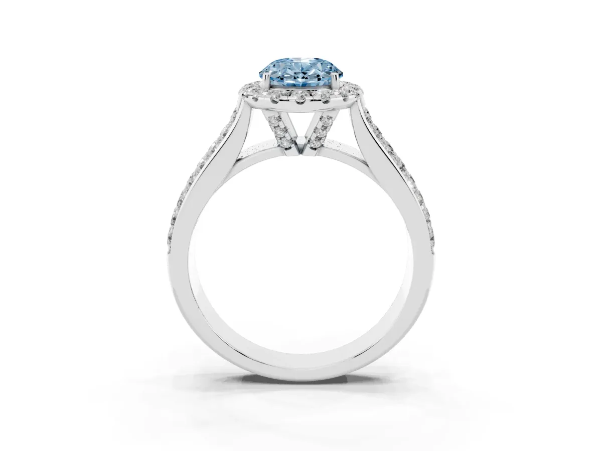 Fancy Blue Oval Cut Halo Round Diamond Pave Band with Prong Setting White gold
