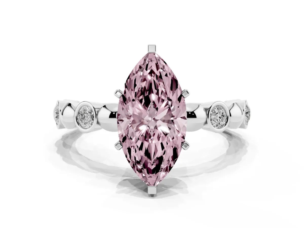 Fancy Pink Marquise Cut Solitaire Bezel-Set Diamond Ring with Beaded Band and Four-Prong Setting Silver