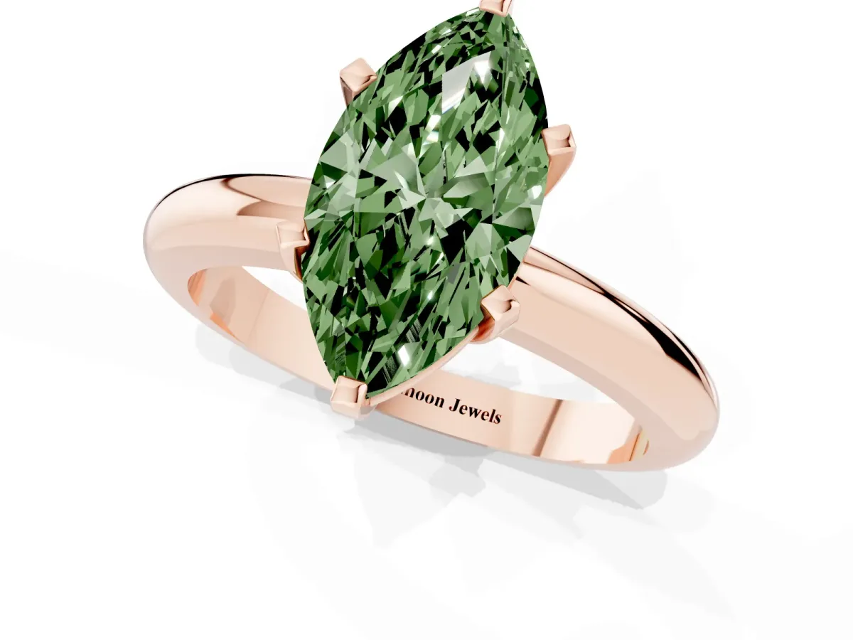 Fancy Green Marquise Cut Diamond Solitaire Engagement Ring with Round Band and Four-Prong Setting Rose gold