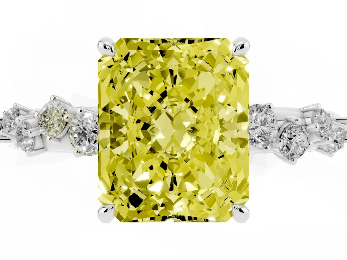 Fancy Yellow Radiant Cut Diamond Cluster Prong-Set Solitaire Ring Silver