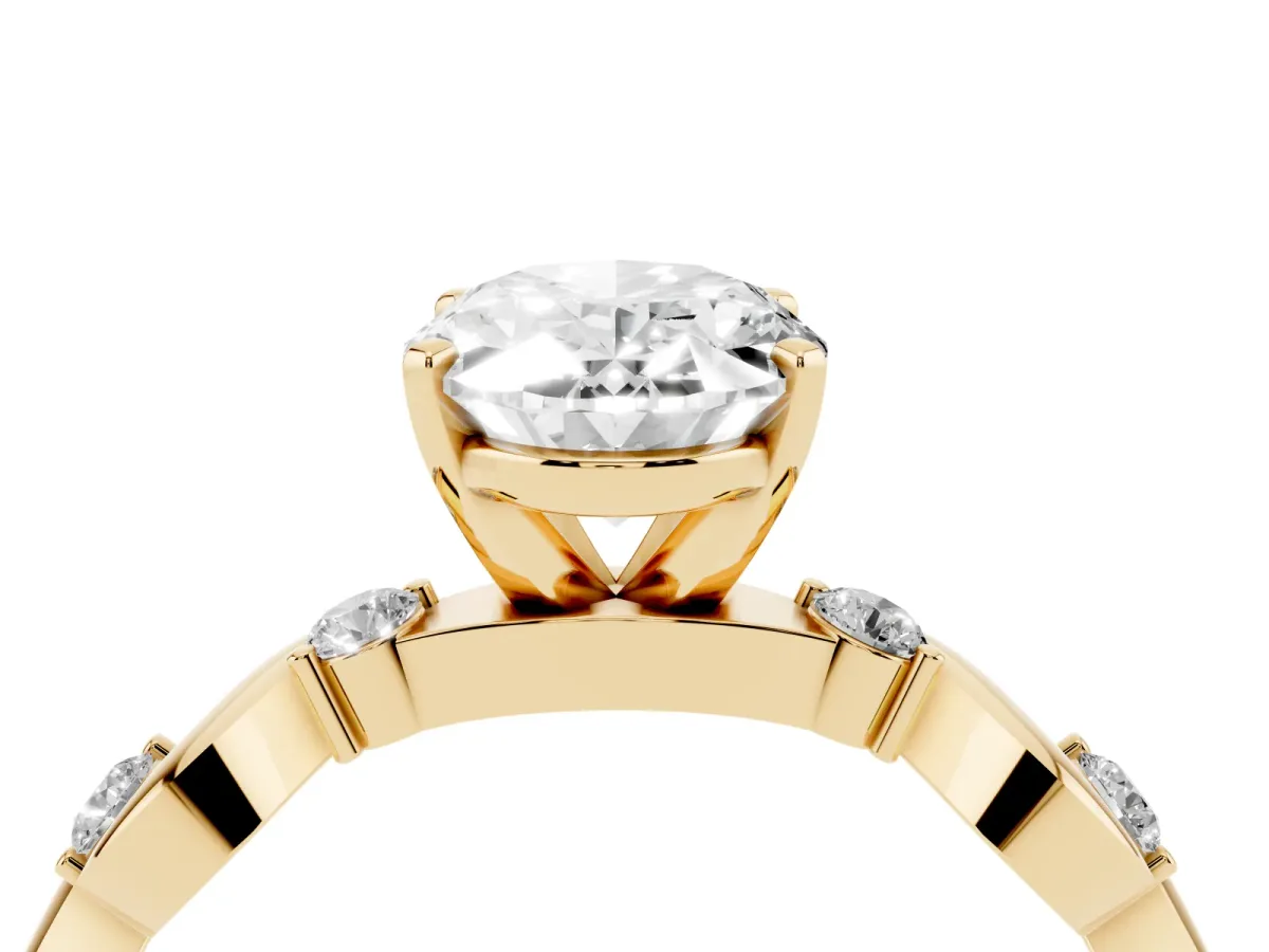 Oval Cut Diamond Solitaire Twisted Band with Round Accents and Prong Setting Yellow gold
