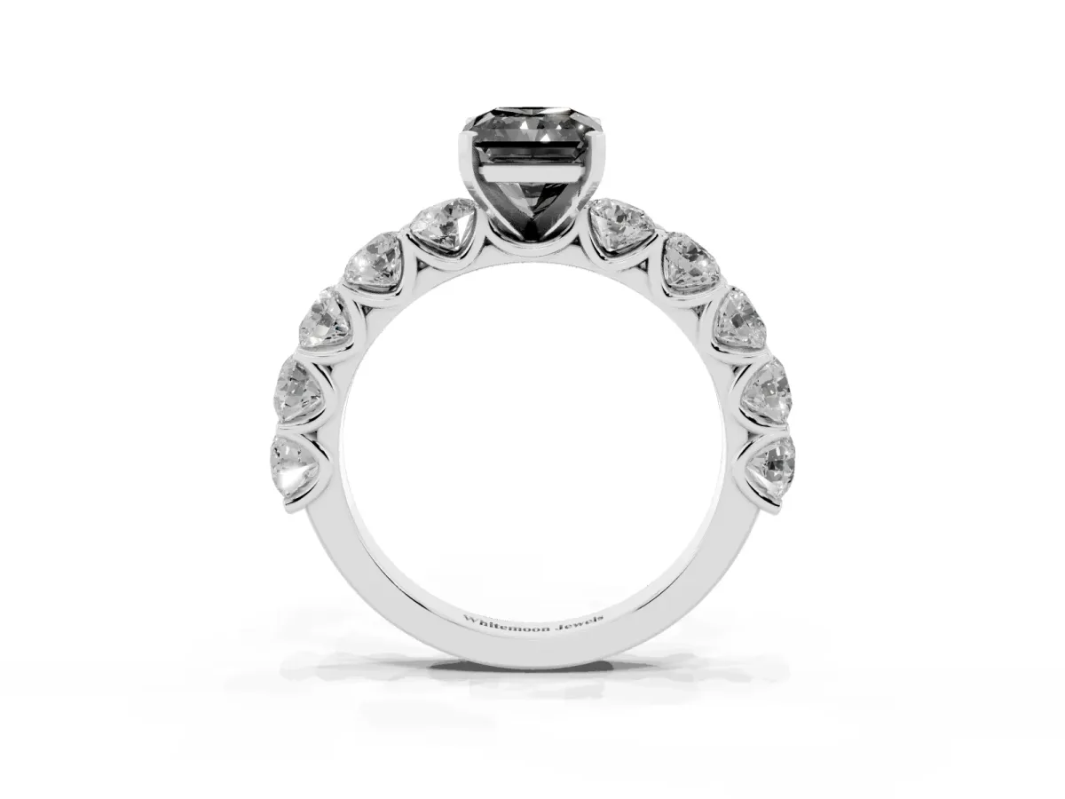 Fancy Black Radiant Cut Diamond Prong Setting with Side Stones on a Pave Band Silver