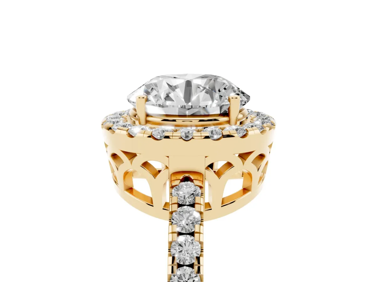 Round Cut Halo Diamond Engagement Ring with Pavé Band and Four-Prong Setting Yellow gold