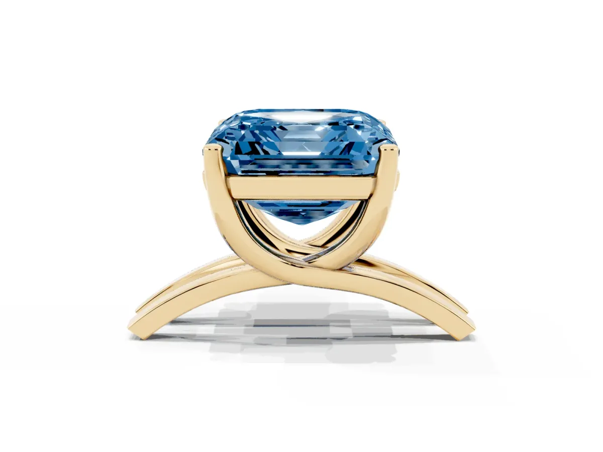 Fancy Blue Asscher Cut Cut Diamond Solitaire Engagement Ring with Tapered Plain Band and Four-Prong Setting Yellow gold