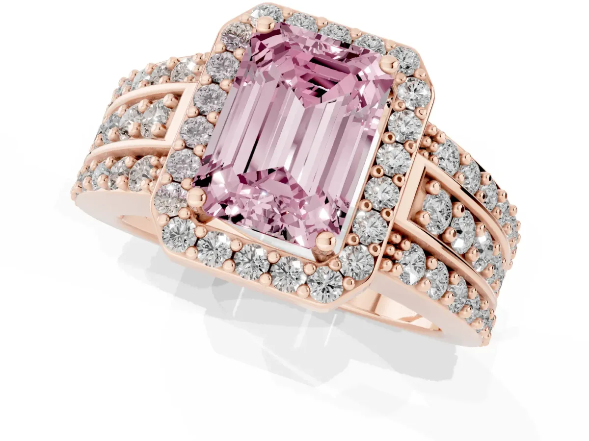 Fancy Pink Emerald Cut Halo Diamond Ring with Round Split Shank and Prong Setting Rose gold