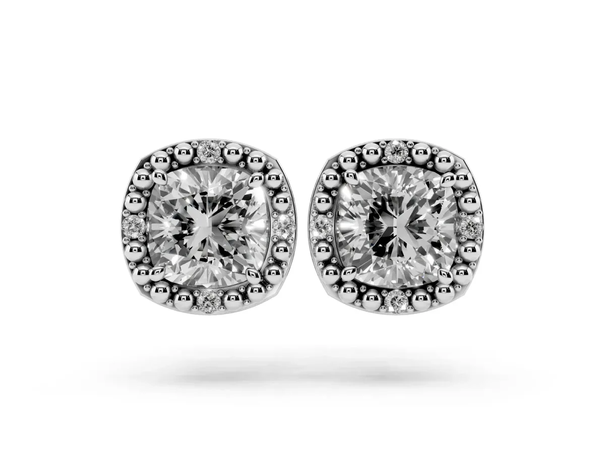 Cushion Diamond Beaded Halo Stud Earrings White gold