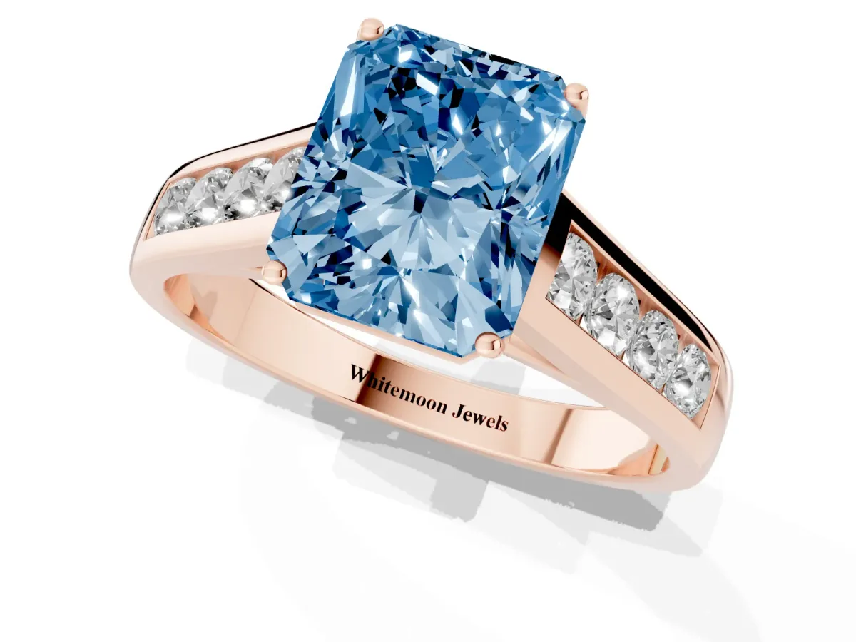 Fancy Blue Radiant Cut Solitaire Channel-Set Diamond Engagement Ring with Four-Prong Setting Rose gold
