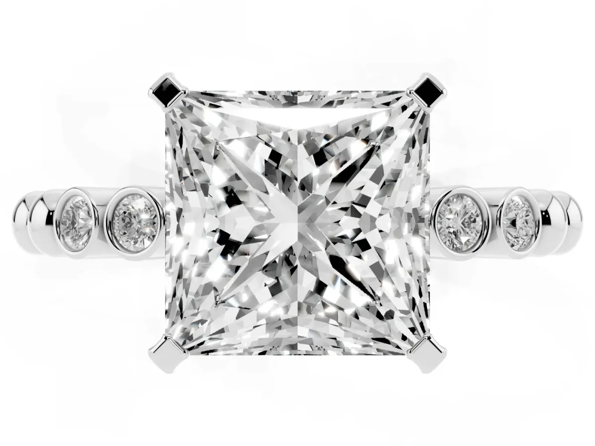 Princess Cut Solitaire Bezel Accent Diamond Engagement Ring with Beaded Band and Four-Prong Setting Platinum