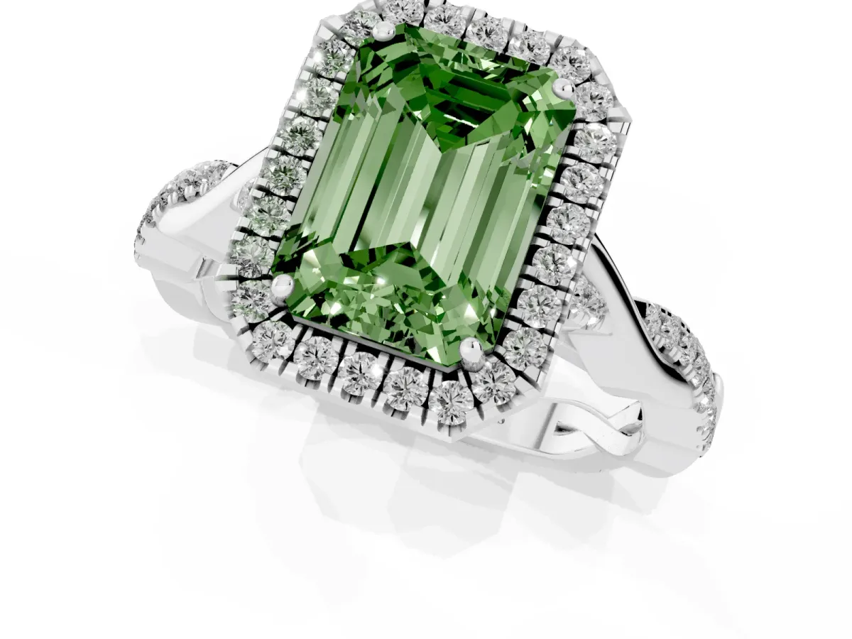 Fancy Green Emerald Cut Halo Twist Band Solitaire Ring Silver