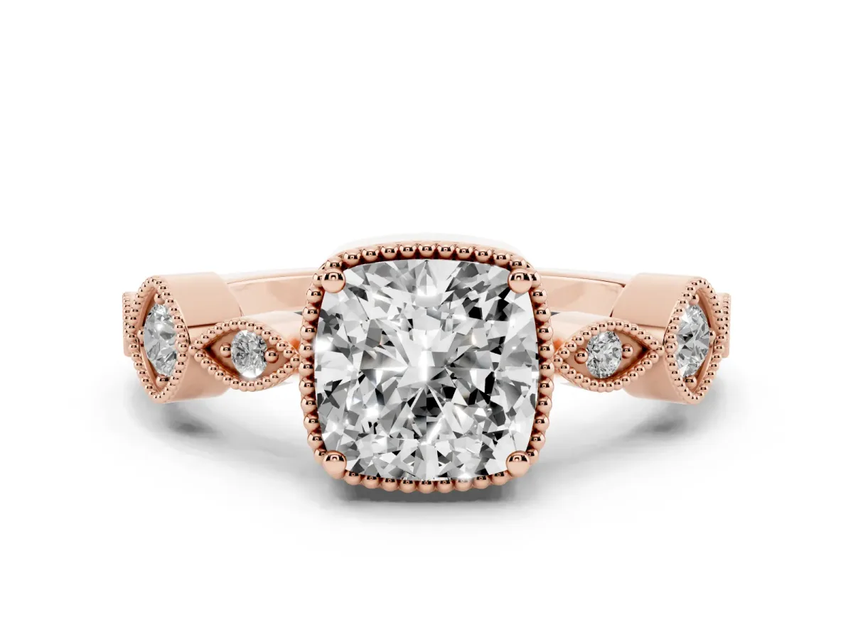 Cushion Cut Diamond Vintage Milgrain Ring with Round Stations Rose gold