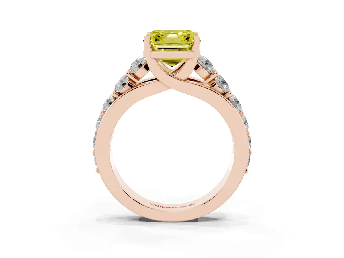Fancy Yellow Asscher Cut Diamond Engagement Ring with Pavé Band and Four-Prong Setting Rose gold