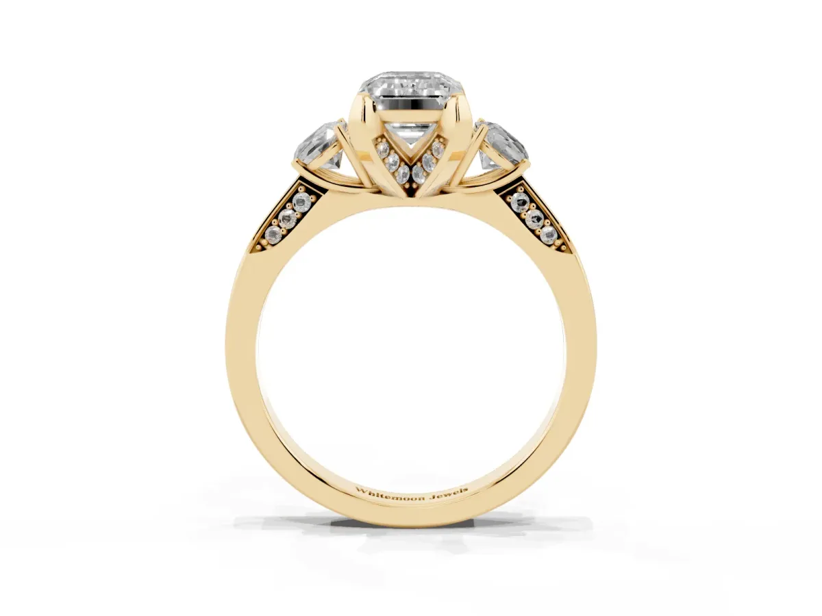 Fancy Green Emerald Cut Brilliant Three-Stone Diamond Ring with Pavé Band and Four-Prong Setting Yellow gold