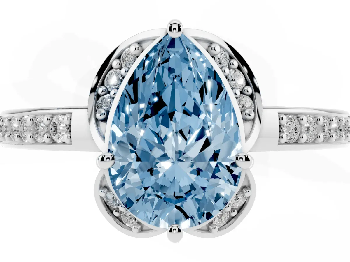 Fancy Blue Pear Cut Cut Halo Diamond Ring with Channel Set Band and Four-Prong Setting Silver