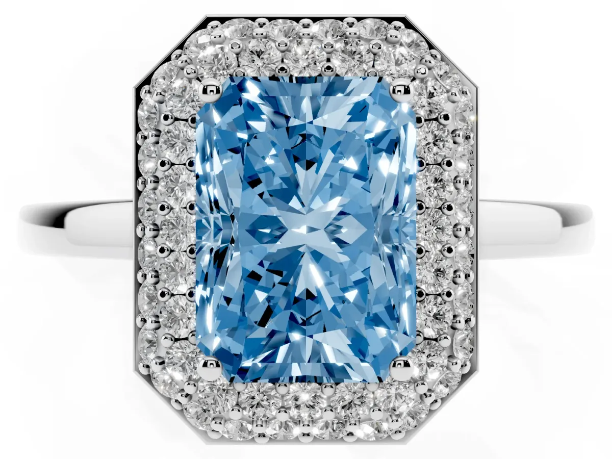 Fancy Blue Radiant Cut Halo Diamond Engagement Ring with Solitaire Band and Four-Prong Setting Platinum