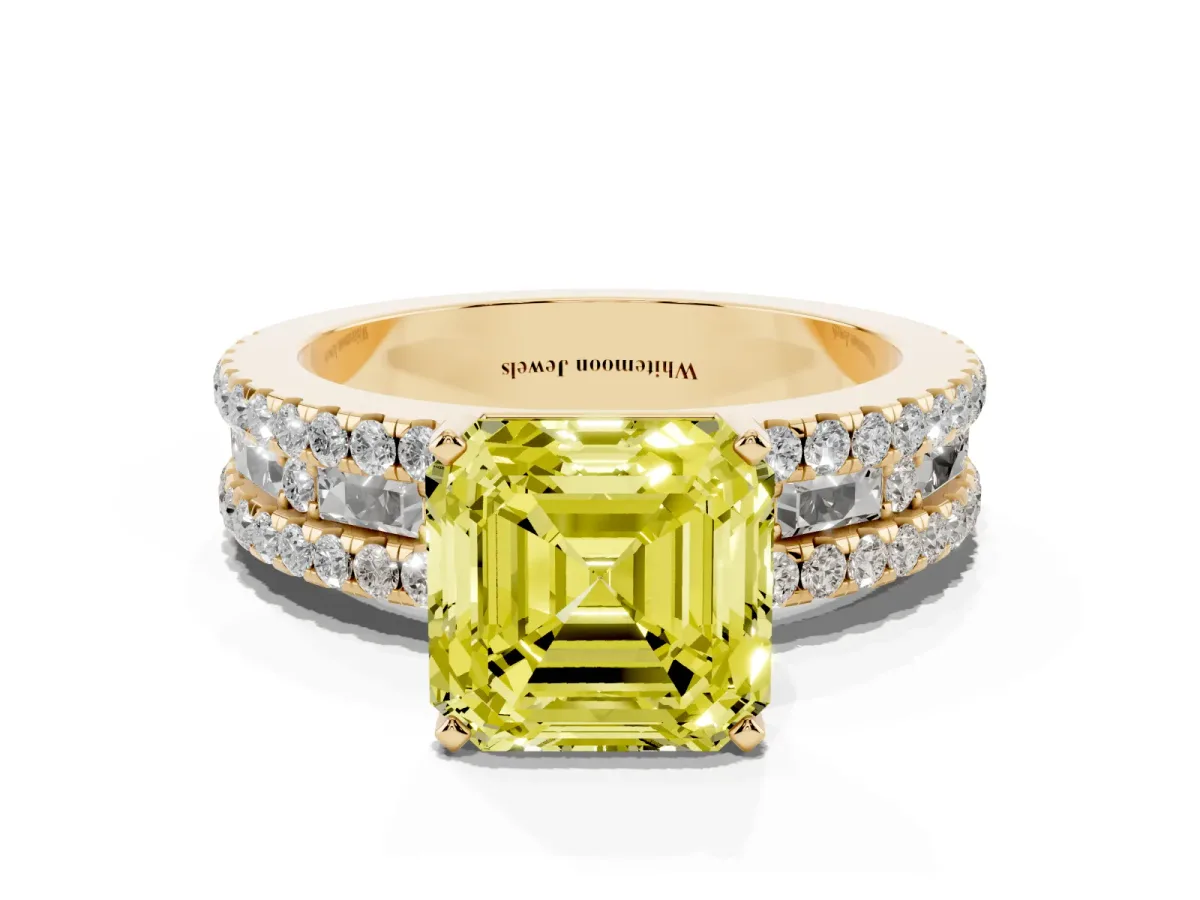 Fancy Yellow Asscher Cut Diamond Solitaire Ring with Pavé and Channel Set Band Yellow gold